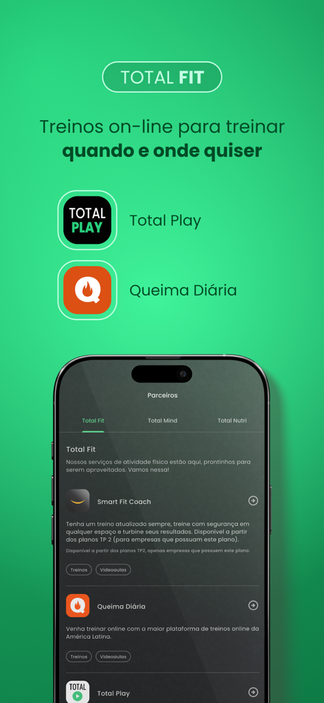 TotalPass - TotalPass mobile app interface showing online workout options and fitness partners like Smart Fit Coach and Queima Diaria