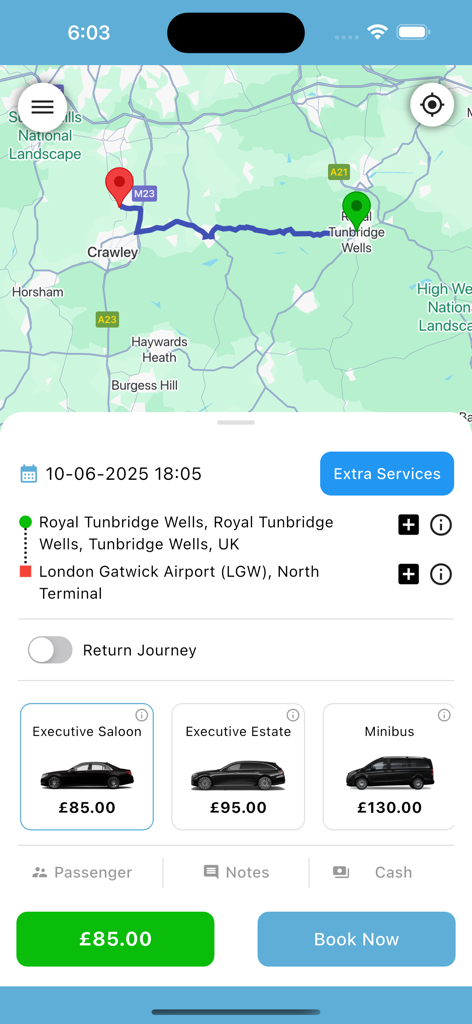 Premier Cars Airport Transfers - Premier Cars Airport Transfers app interface showing booking options from Tunbridge Wells to Gatwick Airport with executive vehicle selections and fixed pricing.