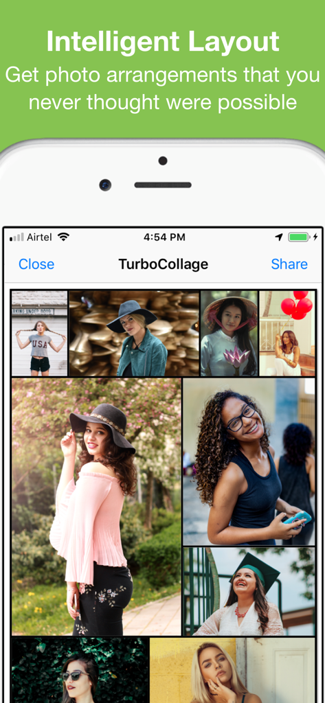 TurboCollage app showing an intelligent automatic photo layout with multiple portraits in a grid.