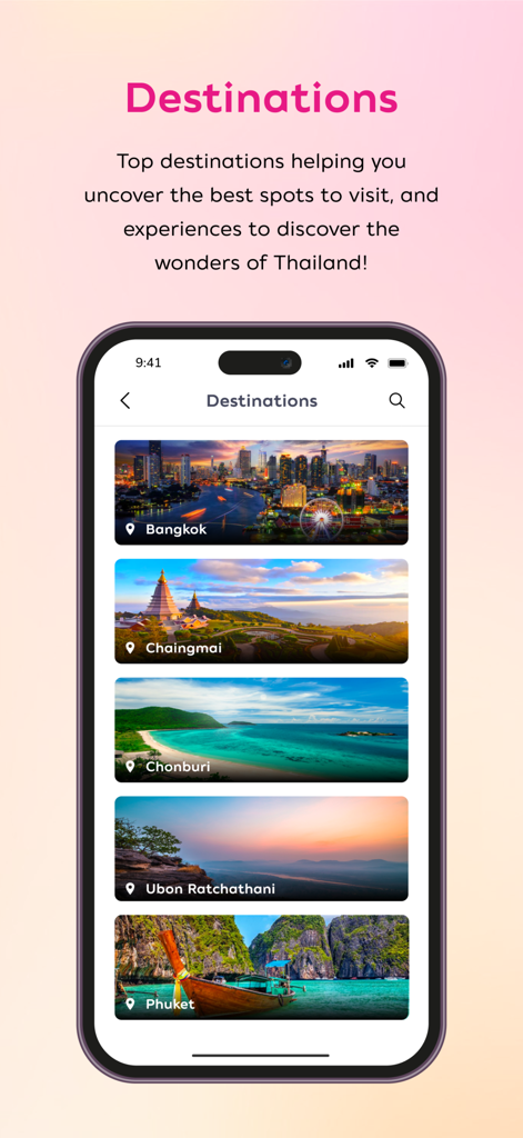 Amazing Thailandモバイルアプリに表示されるタイのトップ旅行先。