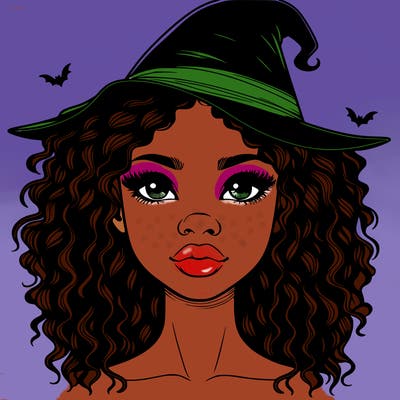 realistic black girl with wavy hair and witch hat and nose and lips