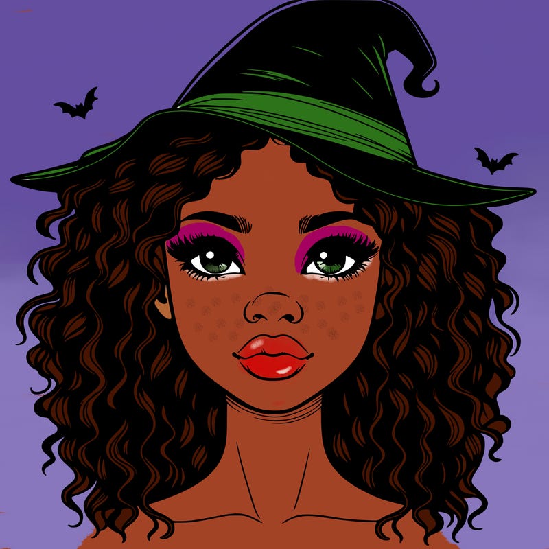 realistic black girl with wavy hair and witch hat and nose and lips