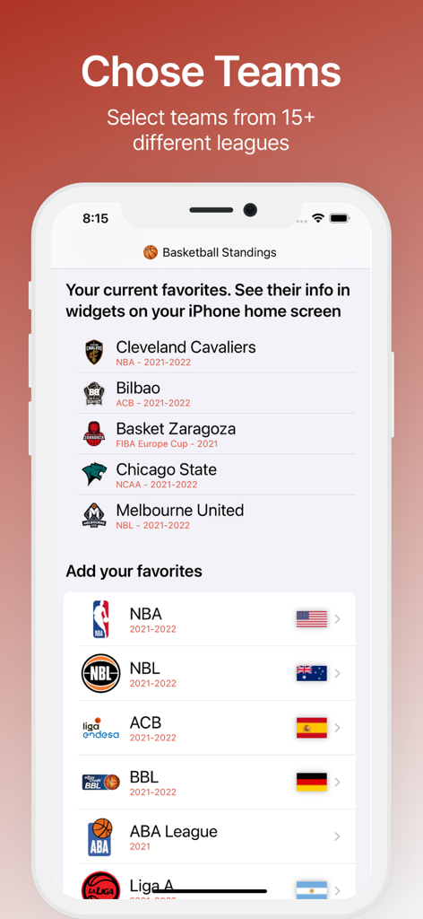 Standings - Basketball Widget - Selection screen for choosing basketball teams from various international leagues