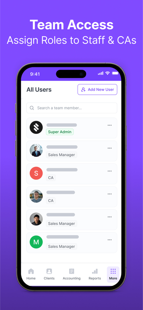 Refrens Invoice maker Bill App - Refrens app interface for managing team access and assigning user roles like Super Admin Sales Manager and CA.