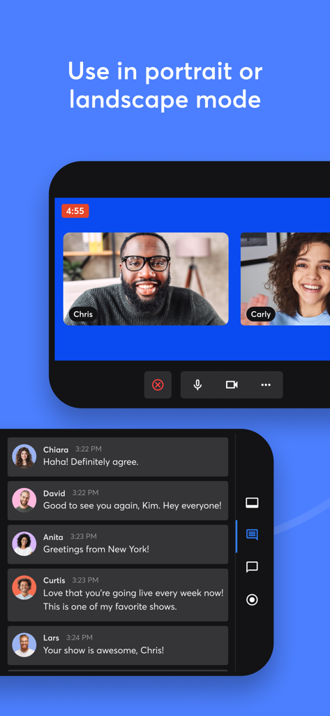 StreamYard Guest - StreamYard Guest app showing video call in landscape mode and live chat interface in portrait mode