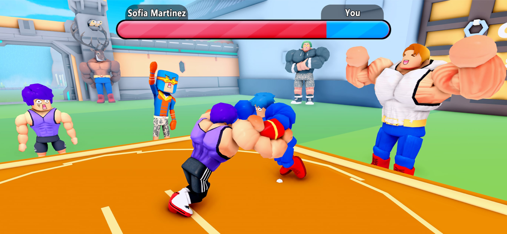 Gym King Pro Idle Clicker Game - Two muscular characters competing in a boxing match arena with spectators cheering in Gym King Pro Idle Clicker Game