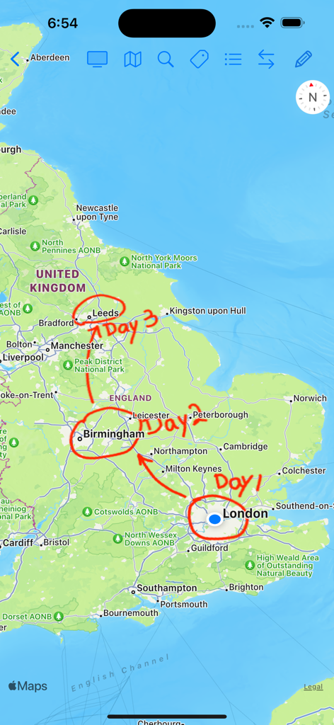 Map Notes - Itinerario de viaje dibujado a mano en un mapa de Inglaterra que muestra una ruta de Londres a Leeds durante tres días