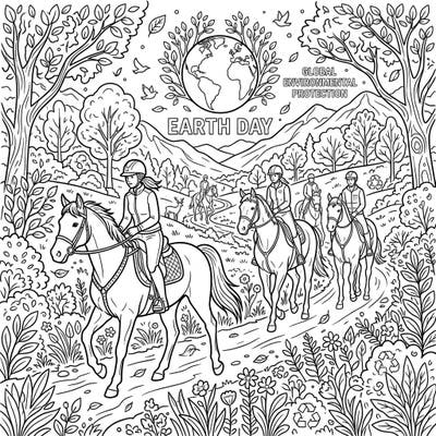 Embark on an inspiring coloring journey with our unique Earth Day page, showcasing dedicated endurance riders navigating a beautiful natural landscape. This illustration combines the thrill of equestrian sport with a powerful message of global environmental protection.