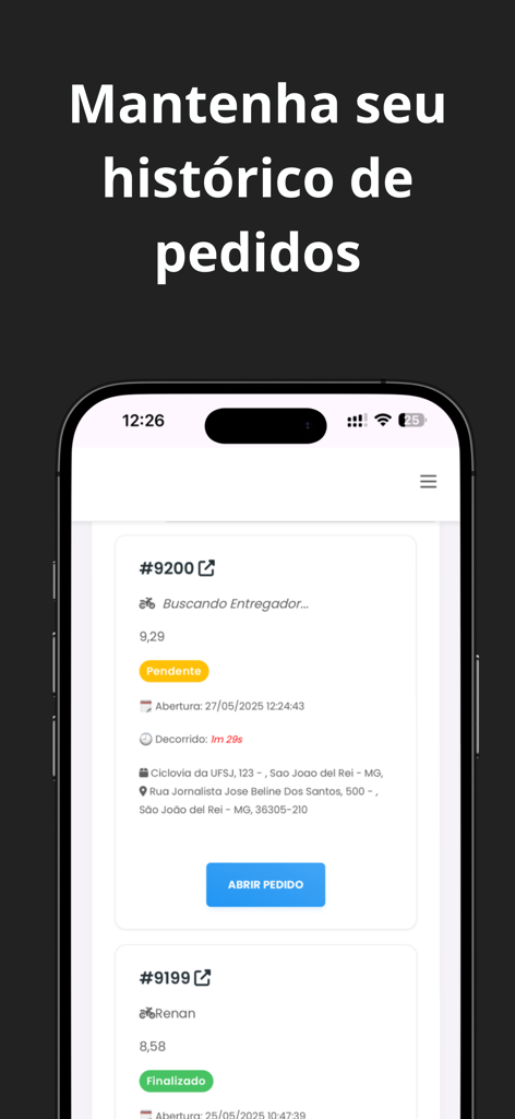 Ligeirinho Moto Express - Um smartphone exibindo a tela de histórico de pedidos do aplicativo de entrega Ligeirinho Moto Express