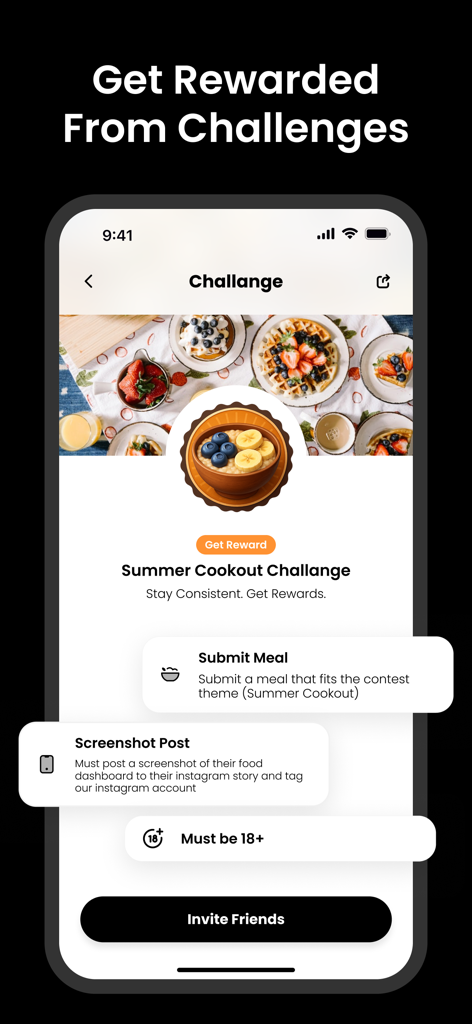 MacroPal: AI Calorie Tracker - MacroPal app screen showing the Summer Cookout Challenge where users can earn rewards for tracking meals and sharing progress.