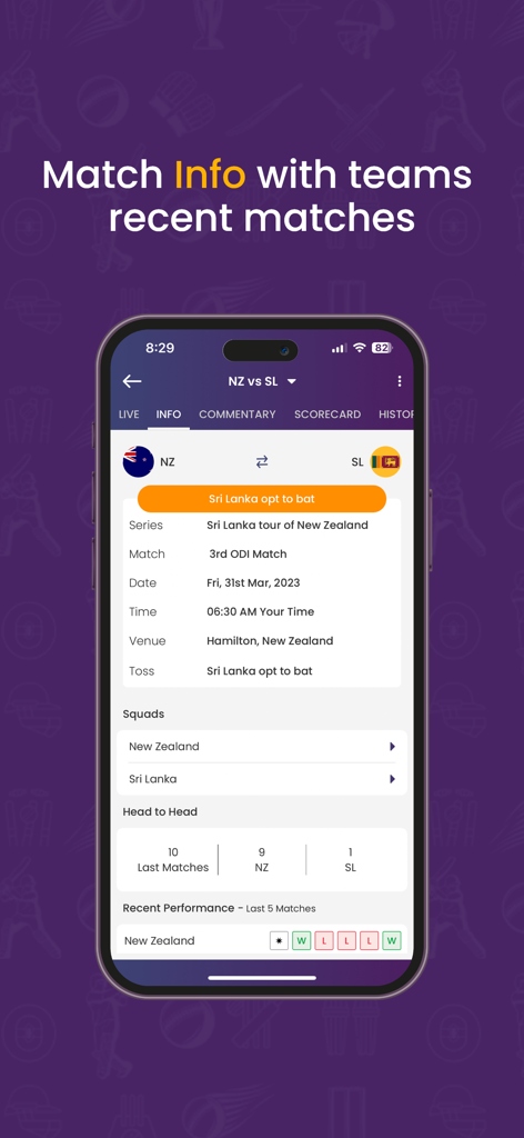 Cricket Guru - Cricket Guru app interface displaying match information, team squads, and head to head statistics for a game between New Zealand and Sri Lanka.