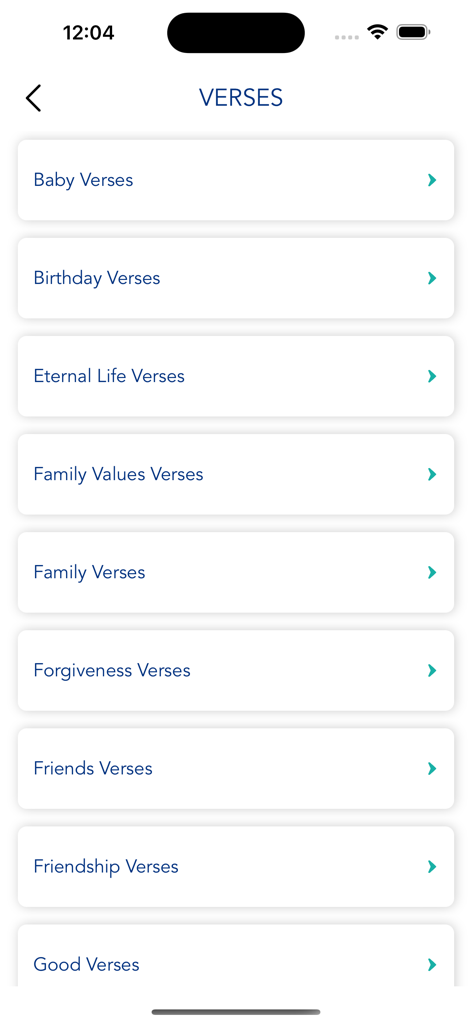 Holy Bible - Offline - A list of Bible verse categories such as Family, Forgiveness, and Friendship in the app menu.
