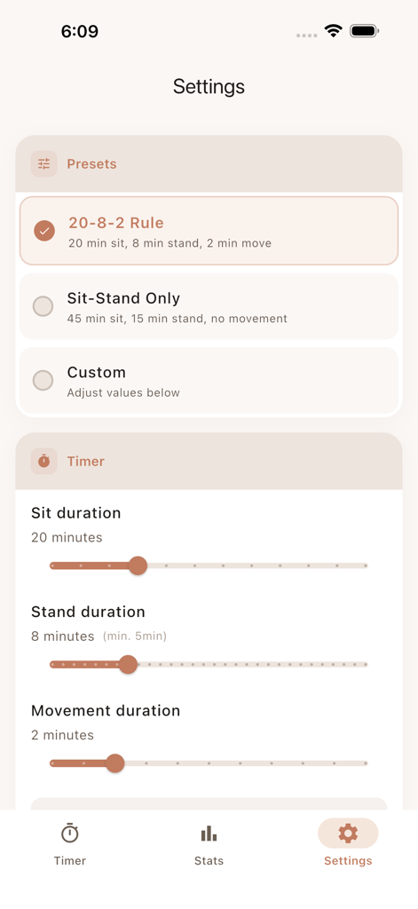 Stao: Standing Desk Reminder - Stao app settings screen showing ergonomic presets and customizable sit stand and movement timers