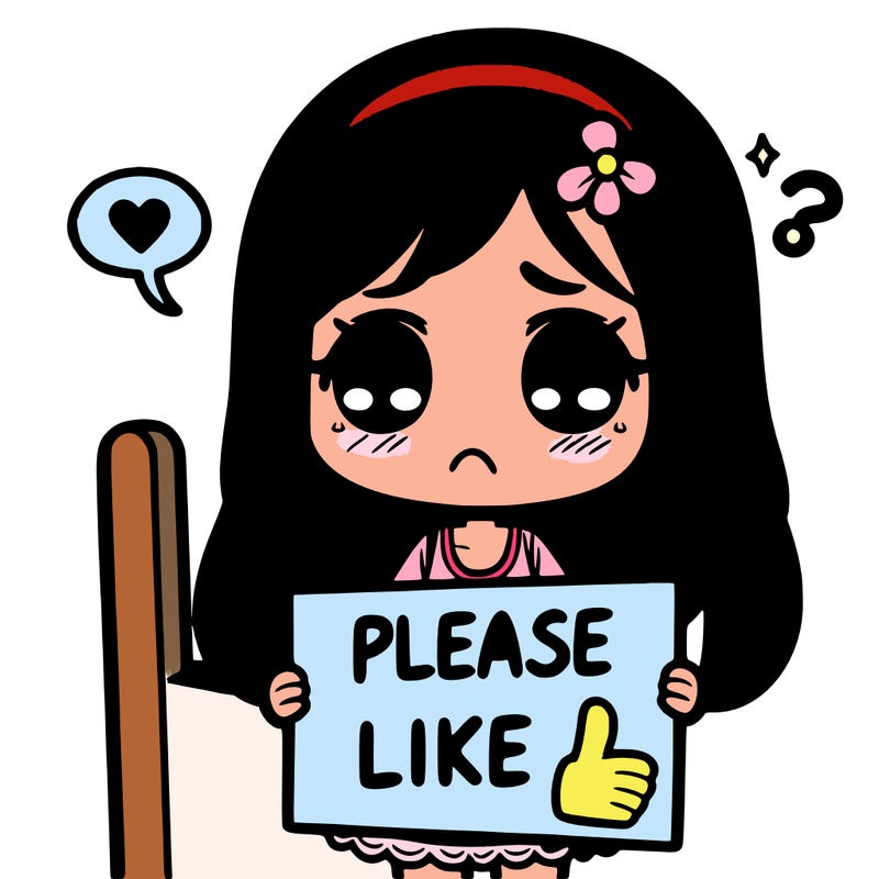 girl with a sad face with a sign say please like