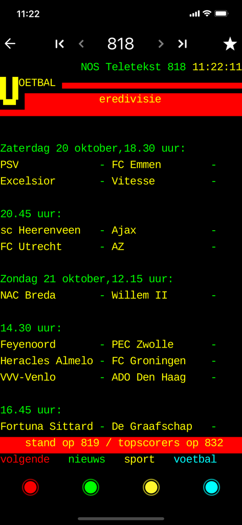 NOS Teletekst - NOS Teletekst App-Bildschirm, der niederländische Eredivisie-Fußballspielpläne auf Seite 818 anzeigt