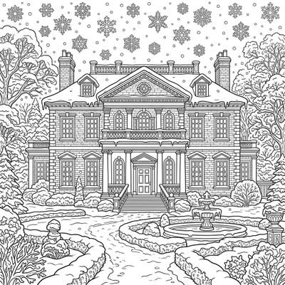 Discover the elegance of a stately Georgian mansion transformed into a beautiful winter scene. This intricate coloring page invites you to add a splash of color to a snowy architectural masterpiece.