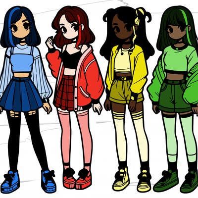 one girl with crop-top shirt and a jacket with a skirt, long socks and another girl with a shirt and pants with a jacket