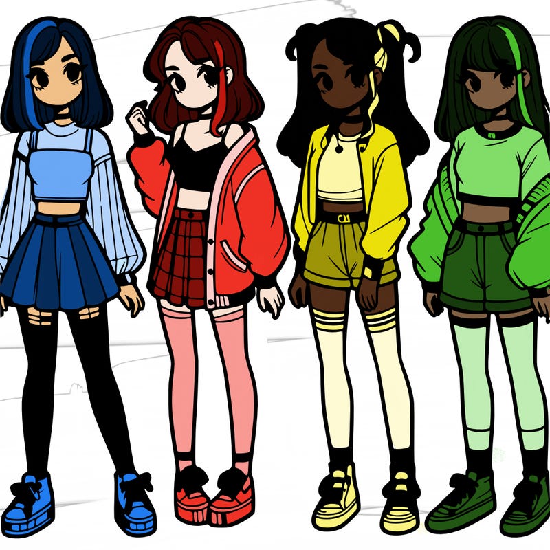 one girl with crop-top shirt and a jacket with a skirt, long socks and another girl with a shirt and pants with a jacket