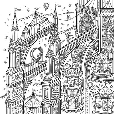 Dive into a truly unique coloring experience where the architectural marvels of flying buttresses transform into a bustling carnival scene. This intricate design blends Gothic elegance with festive circus delights, offering endless creative possibilities.