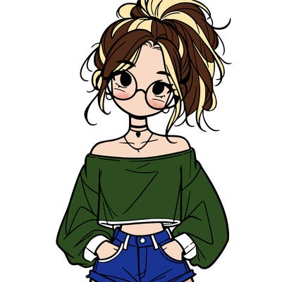 girl with a messy ponytail glasses a baggy crop top and jean shorts