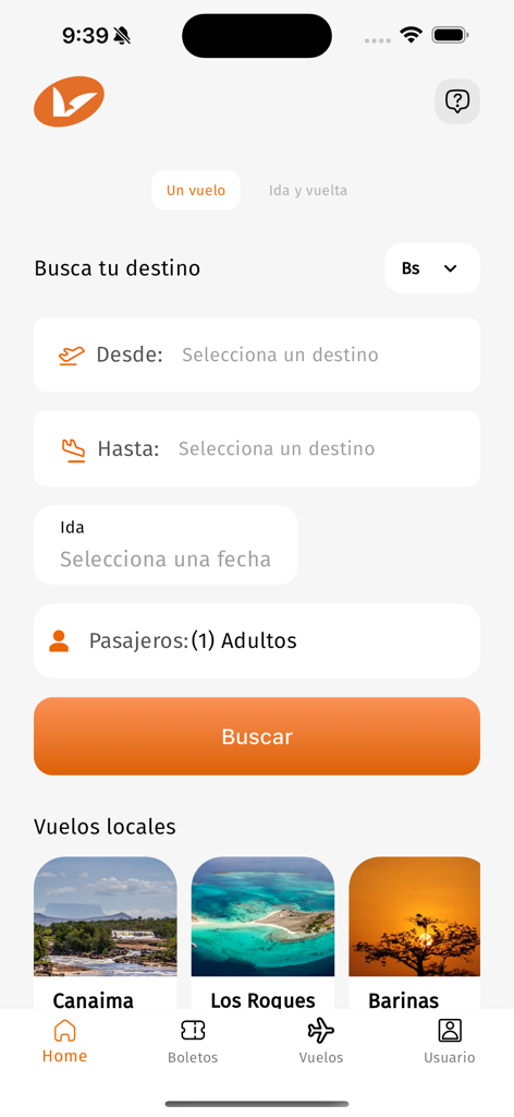 VCV APP - VCV APP mobile interface for searching and booking flights in Spanish with destination options.