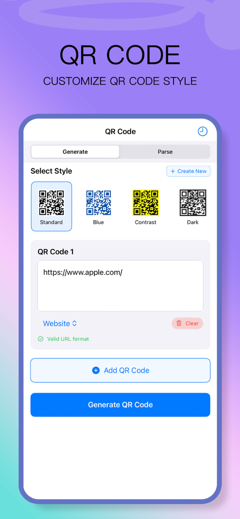 PicTool app interface showing the QR code generation tool with customizable styles and URL input.
