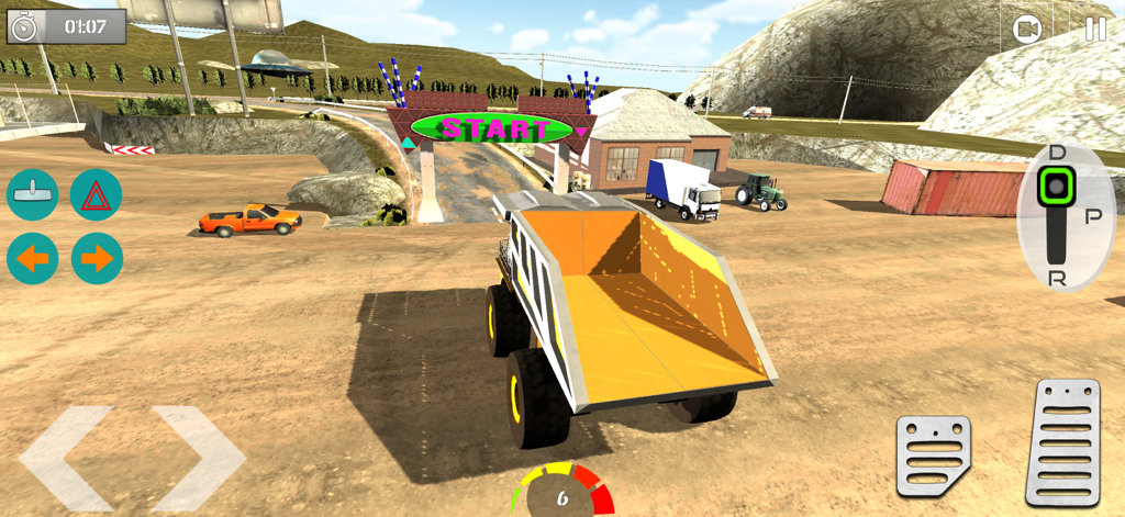 Heavy Excavator Dumper Truck - Gameplay screen of Heavy Excavator Dumper Truck simulator showing a yellow dump truck at a starting gate in a mining site