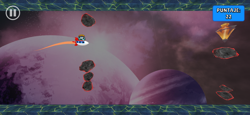 Benja Calero: DOU - Le personnage Dou pilotant une fusée à travers des astéroïdes dans un mini-jeu sur le thème de l'espace.