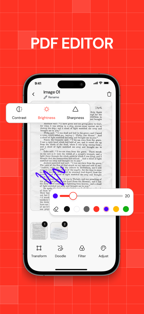 Pantalla de iPhone mostrando una aplicación editora de PDF con herramientas de marcado de documentos y ajustes de imagen.