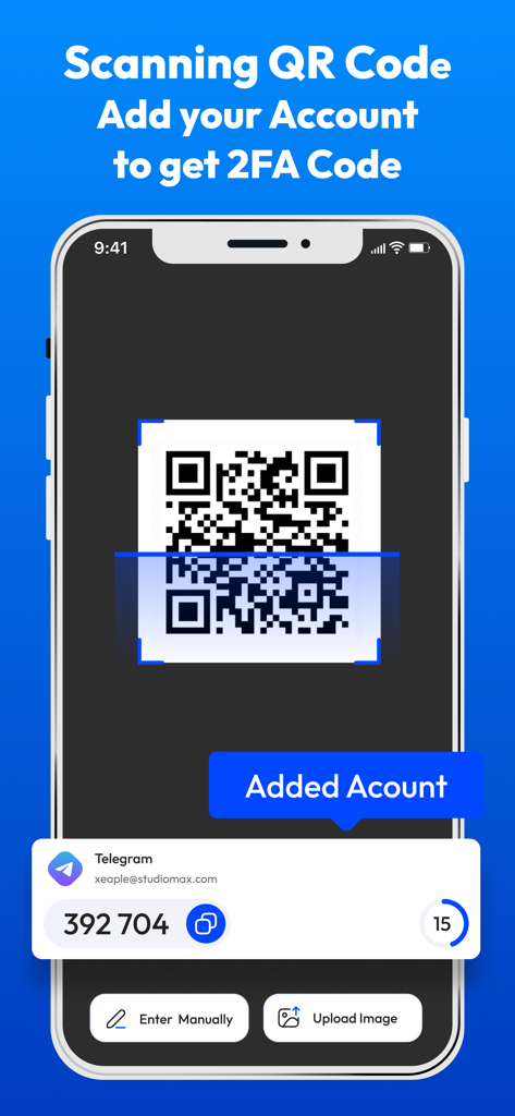Interfaz de la App Authenticator escaneando un código QR para añadir una cuenta y generar un código de seguridad 2FA