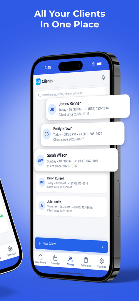 MaidGrow app screen displaying a list of cleaning service clients with contact details