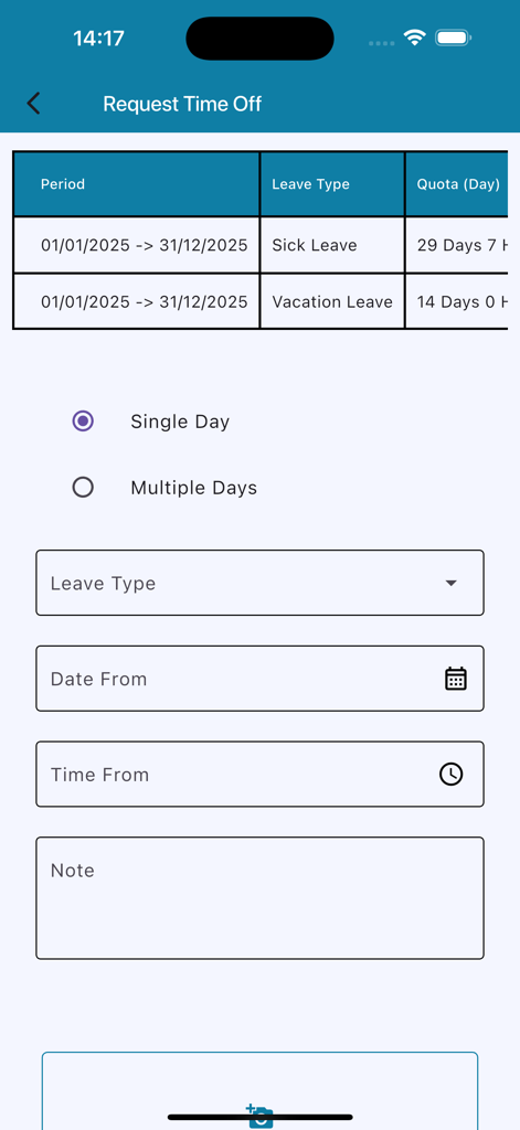 DTime - DTime mobile app screen for managing employee time off requests and leave balances