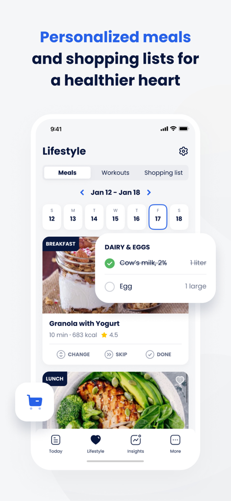 Cardi Health: Heart Health App - Cardi Health app interface showing personalized heart healthy meal plans and a digital shopping list.