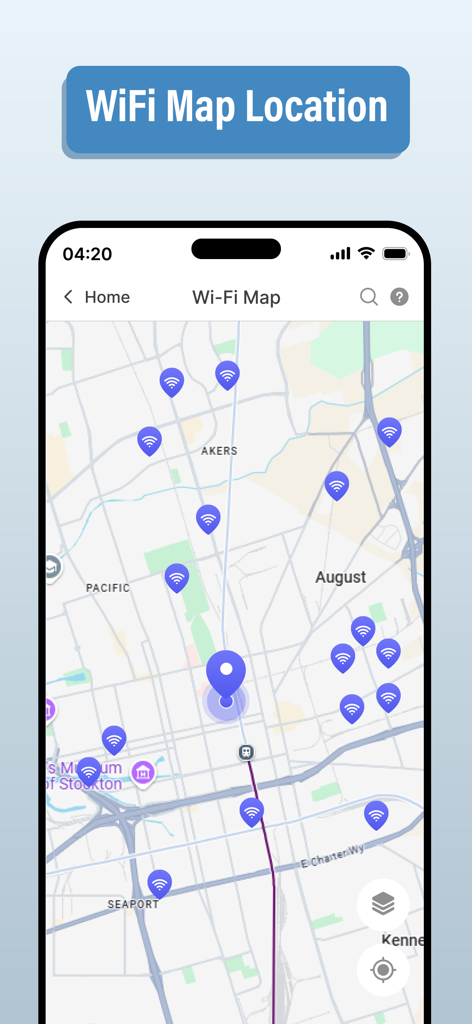 GPS & Maps Navigator - WiFi map display showing hotspot icons on a city map in the GPS and Maps Navigator application