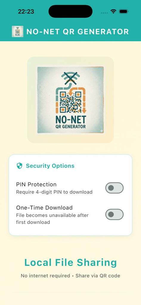 Security settings screen of NO-NET QR Generator app showing PIN protection and one-time download options