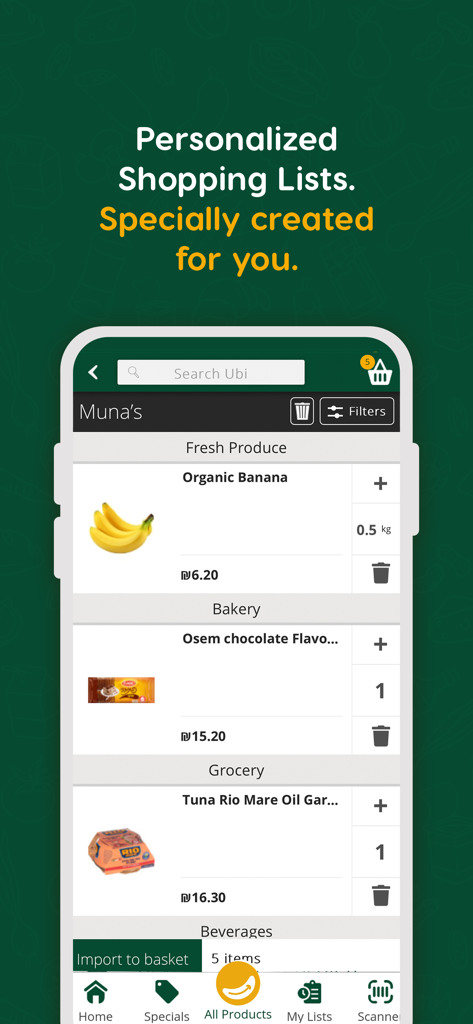 Ubi: Shop Different - A mobile interface of the Ubi app showing personalized shopping lists with categories like fresh produce, bakery, and grocery.