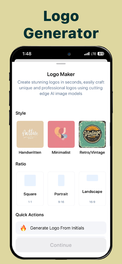 Interfaccia del generatore di loghi dell'app mobile ChatIn che mostra le opzioni di stile e proporzioni