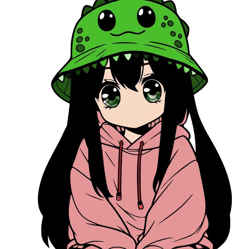 girl with anime shaped eyes with a dinosaur bucket hat oversized sweatshirt long straight hair