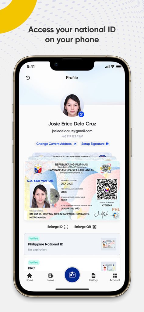 eGovPH - eGovPHモバイルアプリのインターフェース。デジタルフィリピン国民IDカードとユーザープロファイルが表示されています。