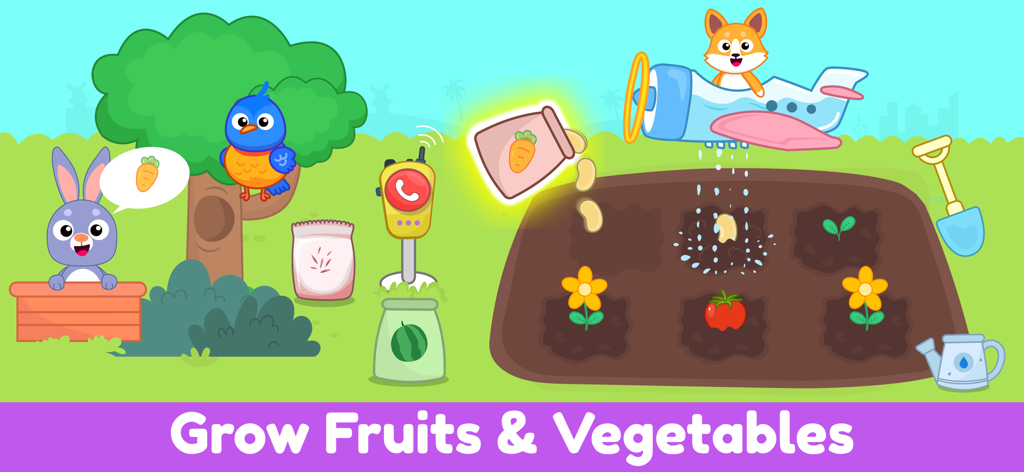 My Little Farm Game Kids World - Scena di fattoria dei cartoni animati che mostra un cane in un aereo che annaffia le colture e i semi piantati per coltivare frutta e verdura