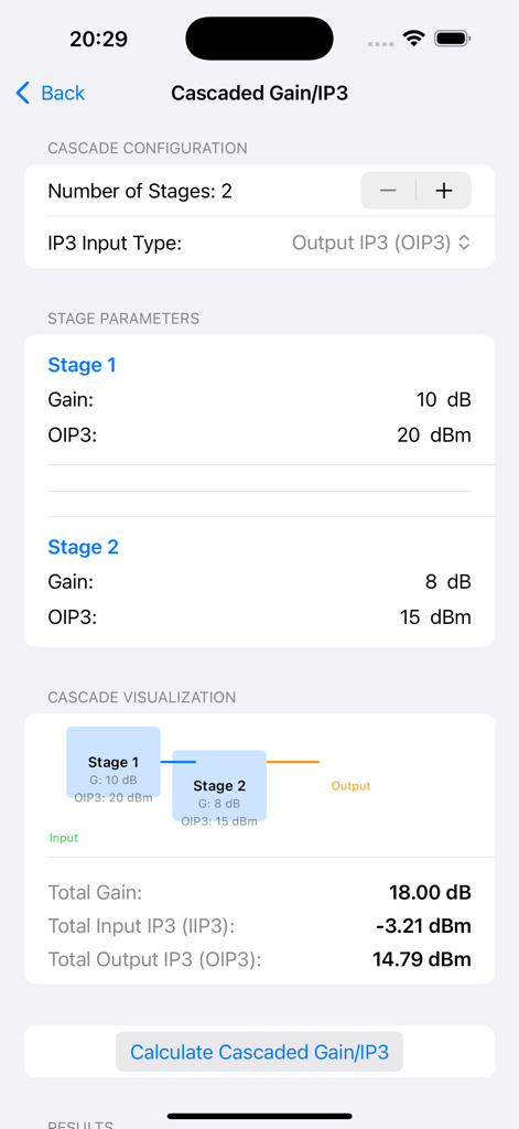RF & Ham Radio Toolkit - RF and Ham Radio Toolkit app interface for calculating cascaded gain and IP3 across multiple stages