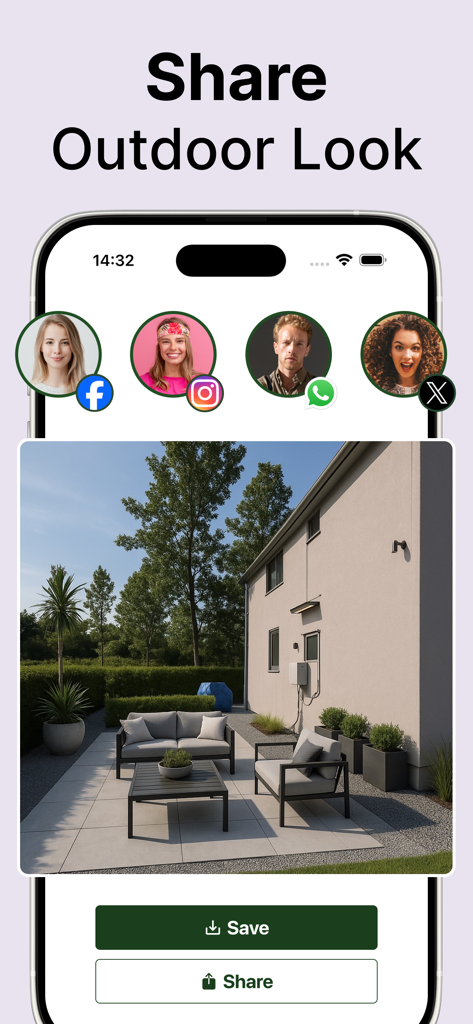 Landscape AI: Garden Designer - Interface for sharing a modern patio landscape design on social media