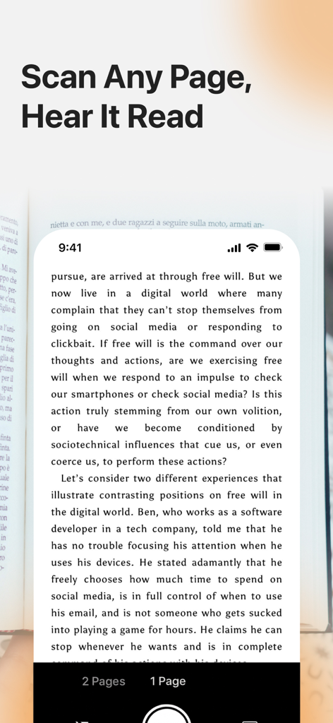 Interfaz de smartphone mostrando la aplicación Stage Reader escaneando la página de un libro para convertir texto en audio