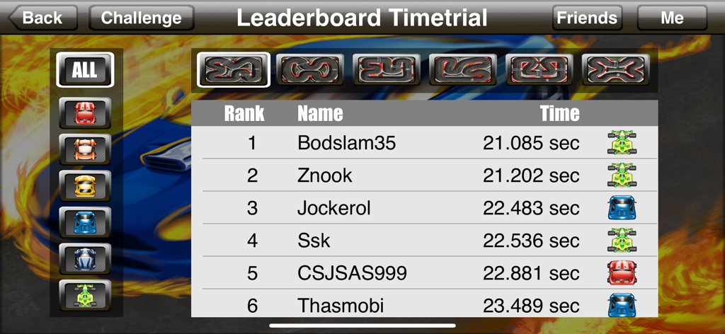 Tiny Racing - Tiny Racing time trial leaderboard screen showing top player rankings and race times