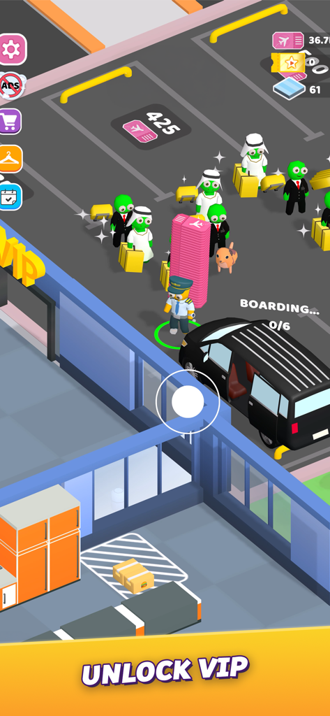 A character managing VIP passenger boarding next to a black car in Airport Master Plane Tycoon.