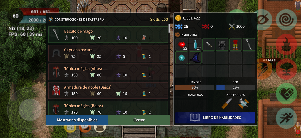 Eternum Online - Interfaz que muestra recetas de sastrería y el inventario del jugador en Eternum Online
