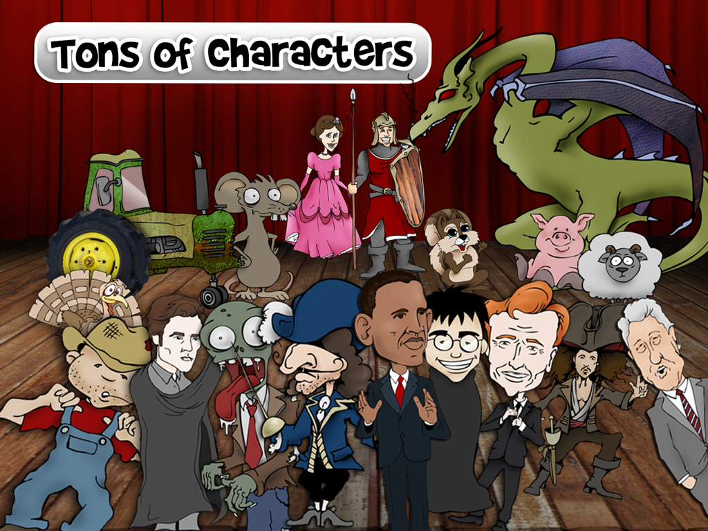 Una variedad de personajes de dibujos animados y caricaturas en un escenario de teatro en Puppet Pals