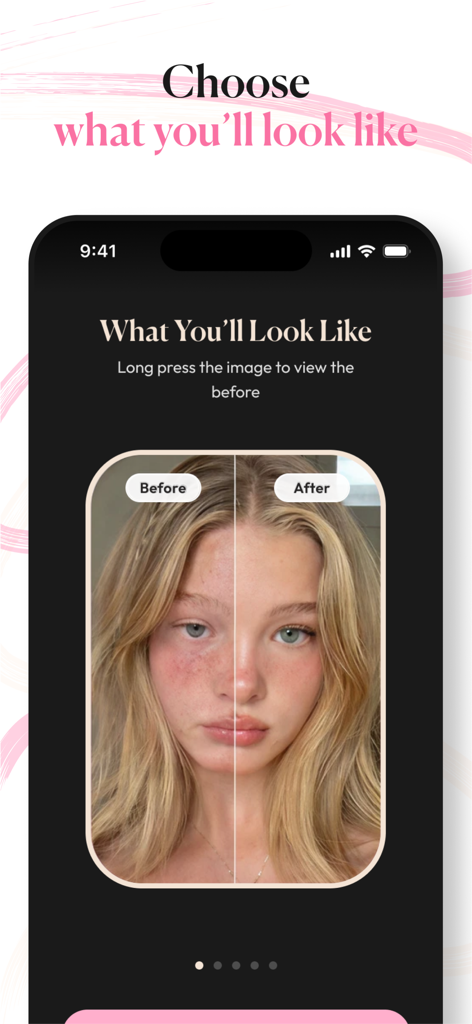 Split screen comparison of a woman's face before and after applying virtual AI makeup in the GlowUp app.