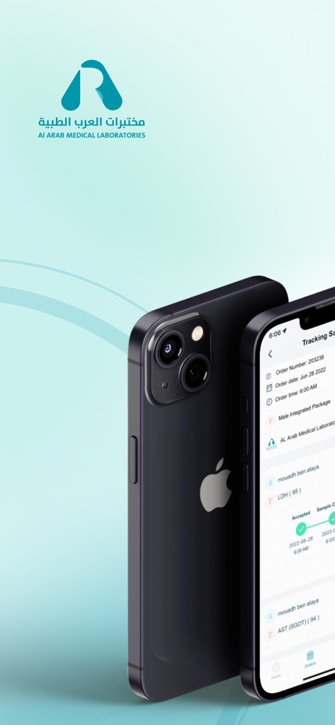 Al Arab Labs - Al Arab Medical Laboratories mobile app showing order tracking for lab tests on a smartphone.