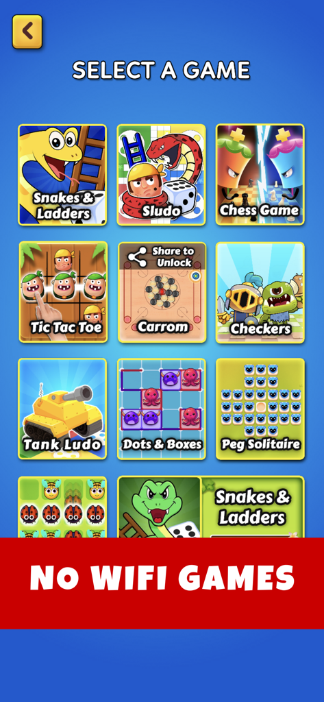 Selection screen of an offline board game app featuring classic games like Chess Ludo and Snakes and Ladders